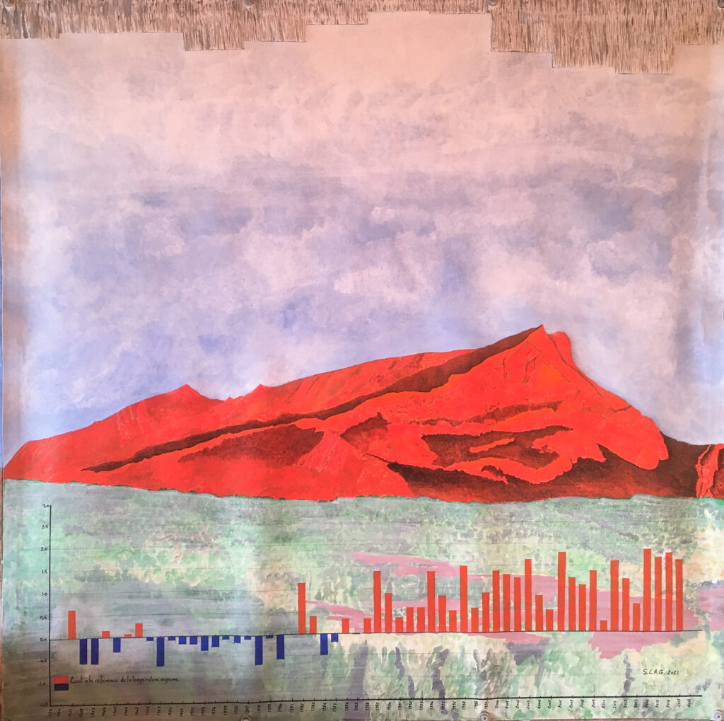 tableau carré avec traits verticaux colorés et montagne rouge