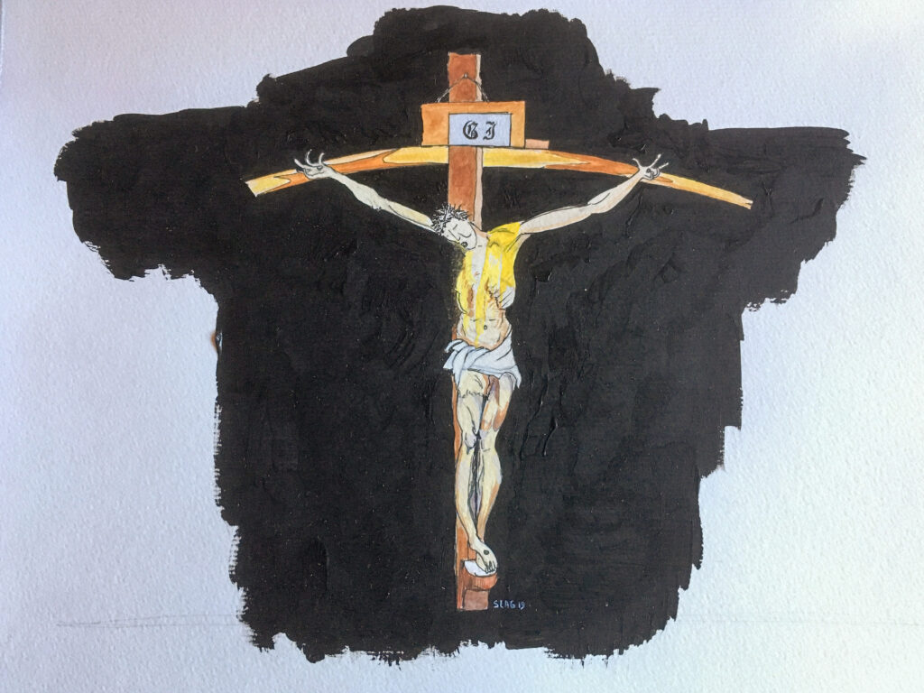 dessin d'un crucifix avec gilet jaune