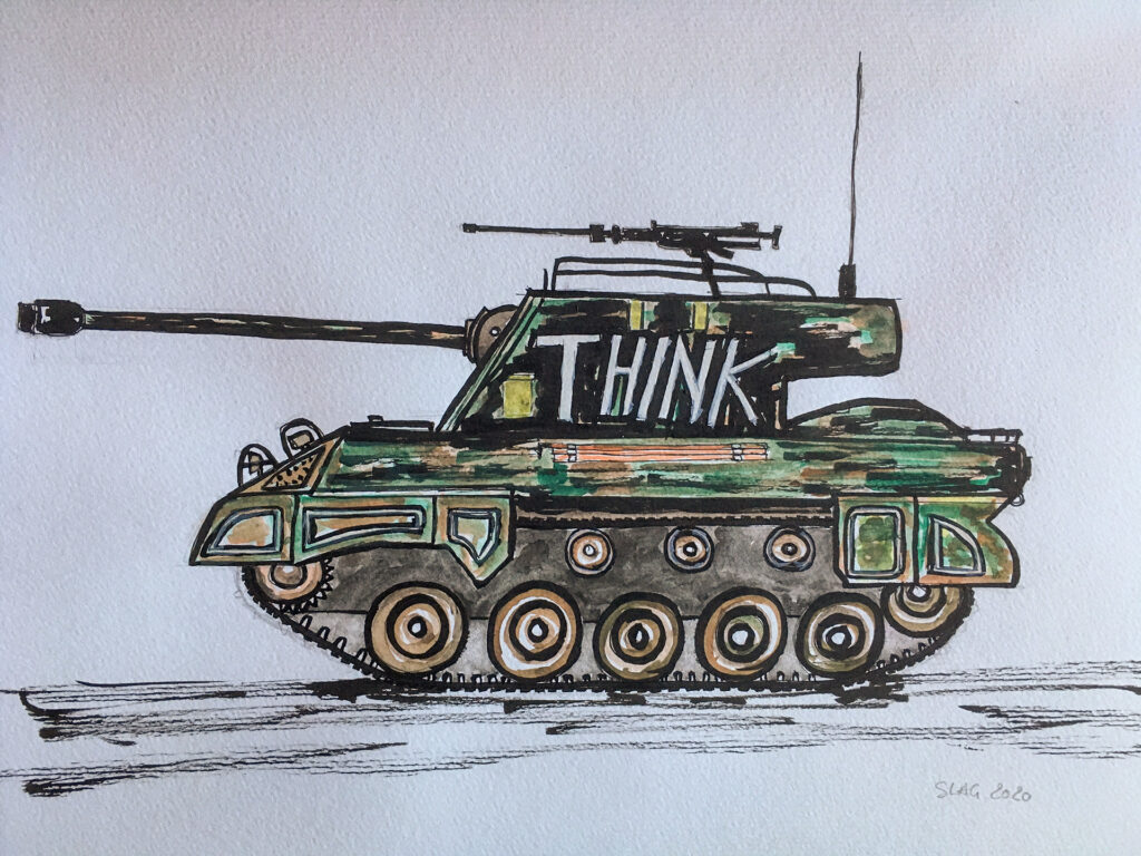 dessin d'un tank avec inscription think